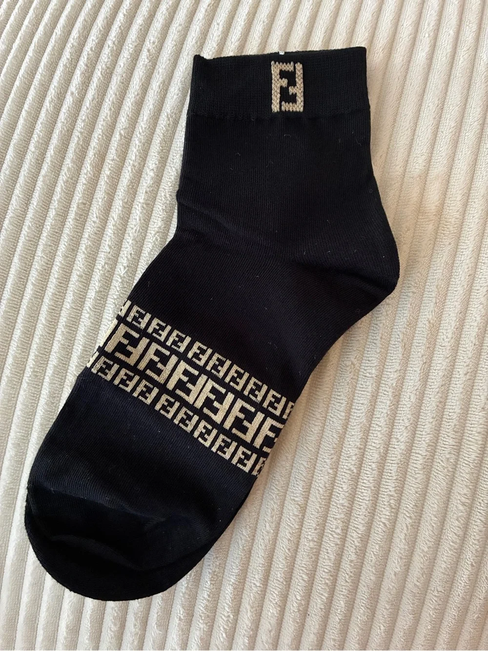 Fendi Black Crew Socks with Beige FF Logo Band